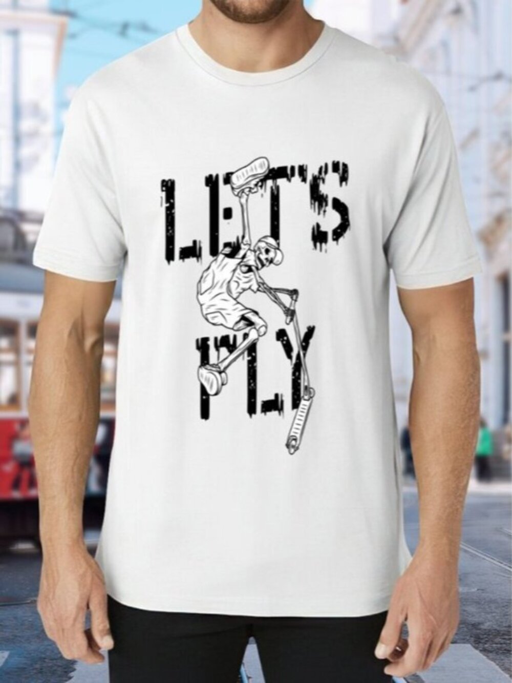 White 'Let's Play' Graphic T‑Shirt with Skate Scooter Design
